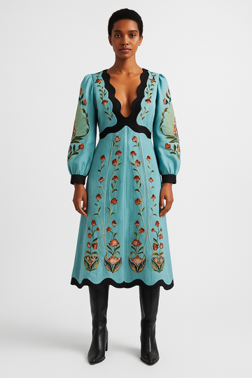 Women’s Midi Dress – Sky Blue, Floral Swan Print & Elegant Contrast