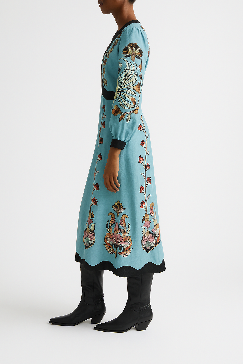 Women’s Midi Dress – Sky Blue, Floral Swan Print & Elegant Contrast