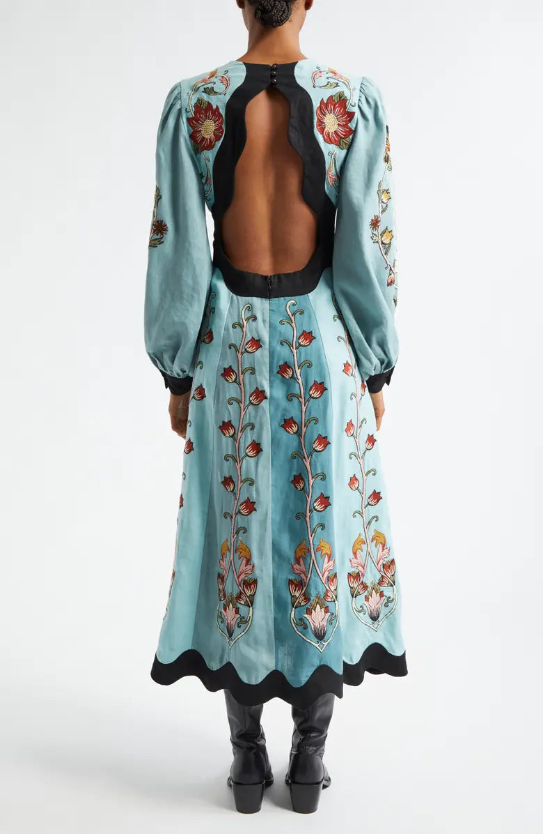 Women’s Midi Dress – Sky Blue, Floral Swan Print & Elegant Contrast